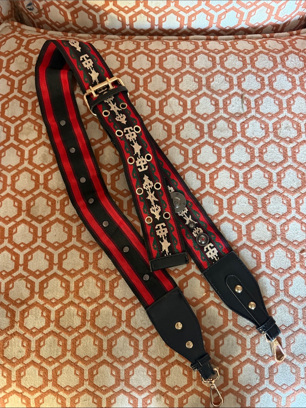Adjustable Red and Black Striped Guitar/Bag Strap with Embroidered Pattern
